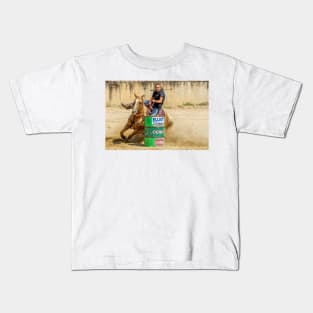 Barrel racer rounding a barrel Kids T-Shirt